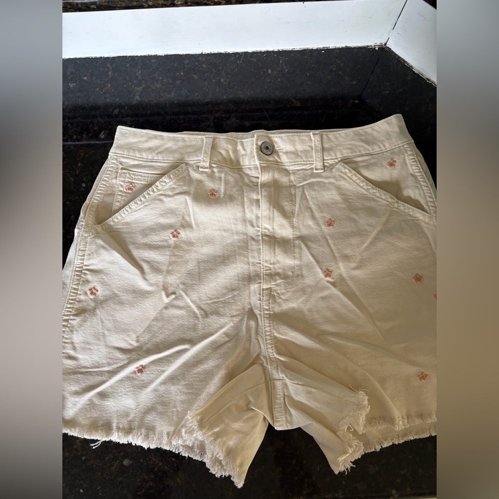 American Eagle Outfitters Cream Denim Shorts with Pink Floral Embroidery